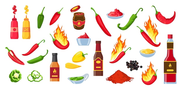 Vecteur sauce piquante de dessin animé. bouteilles et pots de ketchup au chili, wasabi et moutarde. éclaboussures de souce, trempette épicée et poivre de cayenne avec ensemble de vecteurs de flammes. poivre au feu, assaisonnement plats ou repas