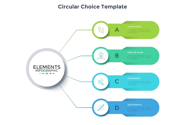 Schéma moderne avec quatre éléments connectés au cercle principal. Concept de 4 options d'affaires à choisir. Modèle de conception infographique minimal. Illustration vectorielle plane pour la visualisation des données d'entreprise.