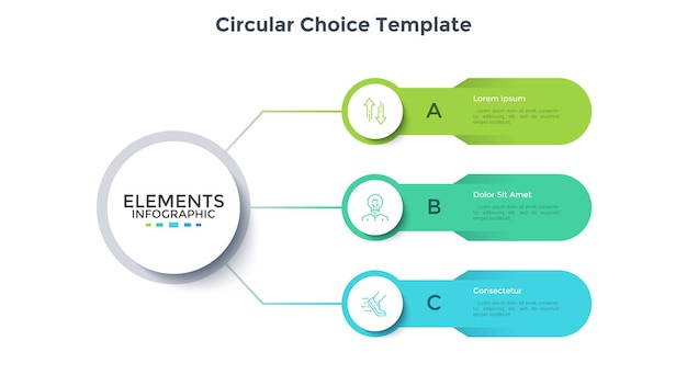 Schéma moderne avec trois éléments connectés au cercle principal. Concept de 3 options d'affaires à choisir. Modèle de conception infographique minimal. Illustration vectorielle plane pour la visualisation des données d'entreprise.