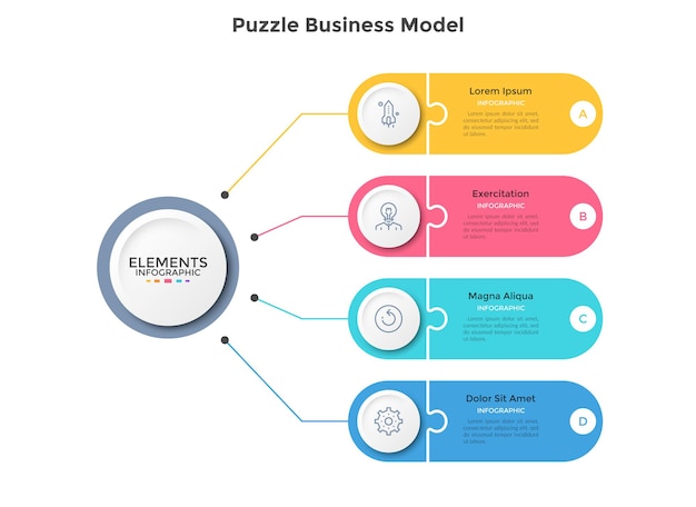 Schéma avec quatre éléments de puzzle connectés au cercle principal. Concept de 4 caractéristiques de la stratégie commerciale. Modèle de conception infographique simple. Illustration vectorielle pour la visualisation des informations.