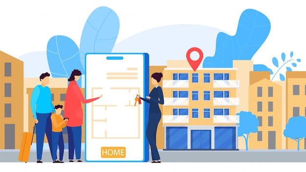 Vecteur service de location d'appartements en ligne, application mobile, illustration de personnes