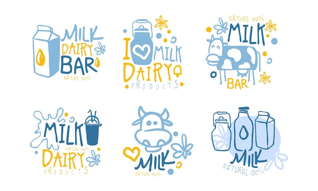 Vecteur set de conception de logo de bar de lait produits laitiers naturels et sains insignes étiquettes illustration vectorielle de dessin animé