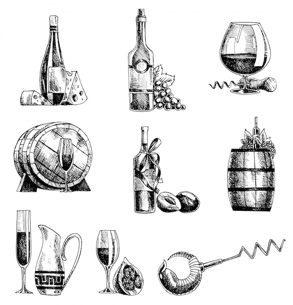 Set de vin de vecteur de croquis dessinés à la main. Objets de vin bouteille, verre, baril, sommelier tire-bouchon raisins