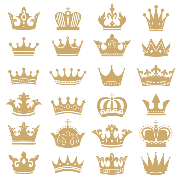 Silhouette de couronne d'or. Ensemble d'icônes de couronnes royales, roi de couronnement et reine de luxe tiare silhouettes