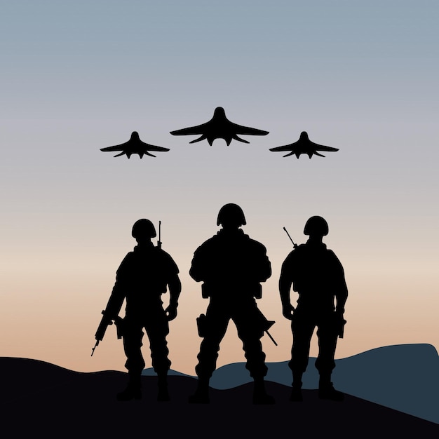 Vecteur silhouette de soldat avec l'aviation au coucher du soleil