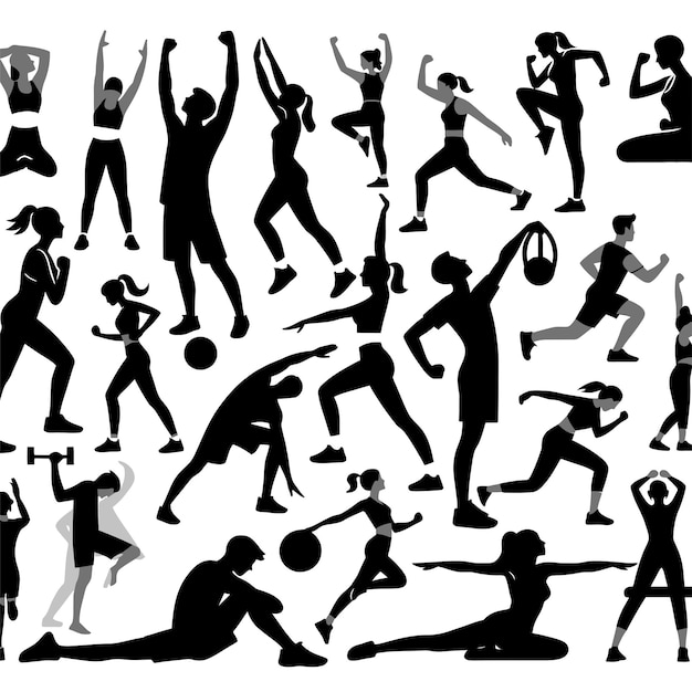 Vecteur des silhouettes noires de personnes faisant de l'exercice dans diverses poses