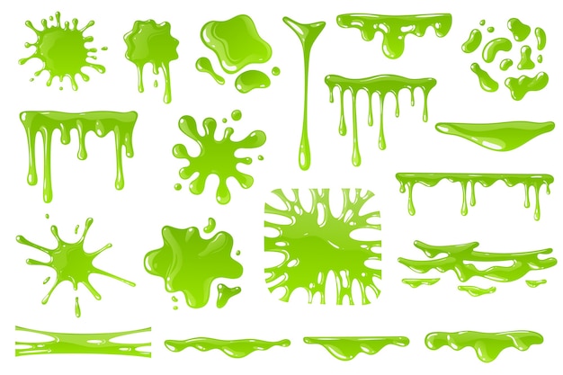 Slime de dessin animé vert. Des éclaboussures de gouttes de Goo, du mucus collant dégoulinant. Gouttes visqueuses, bordures en désordre pour les bannières d'halloween ensemble de texture de goutte toxique effrayant