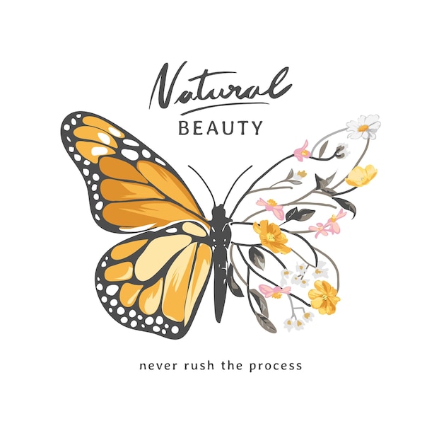 Vecteur slogan de beauté naturelle avec demi-branches de papillon d'illustration vectorielle de fleur