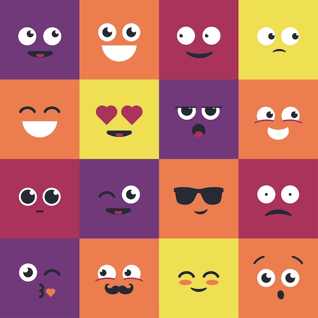 Smiley - ensemble de vecteurs modernes d'illustrations emoji. Émoticônes représentant la curiosité, le bonheur, le rire, le sourire, l'attraction, l'amour, le rire, la fraîcheur, le baiser, la surprise, le clignotement, l'ennui