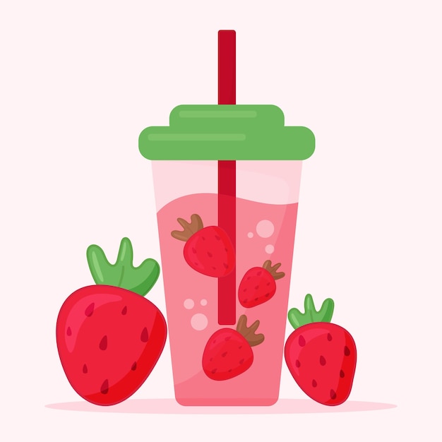 Smoothie aux fraises mignon dans un verre avec des fraises et des bulles illustration vectorielle plane