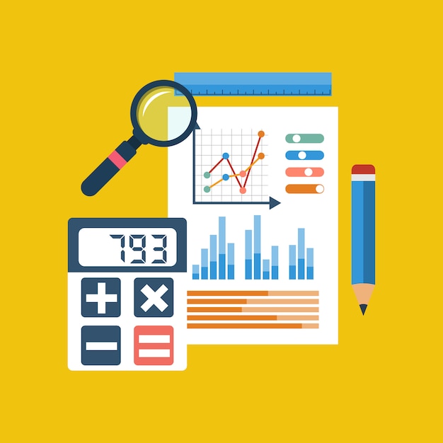 Tableau financier sur morceau de papier, calculatrice, crayon, règle, loupe.