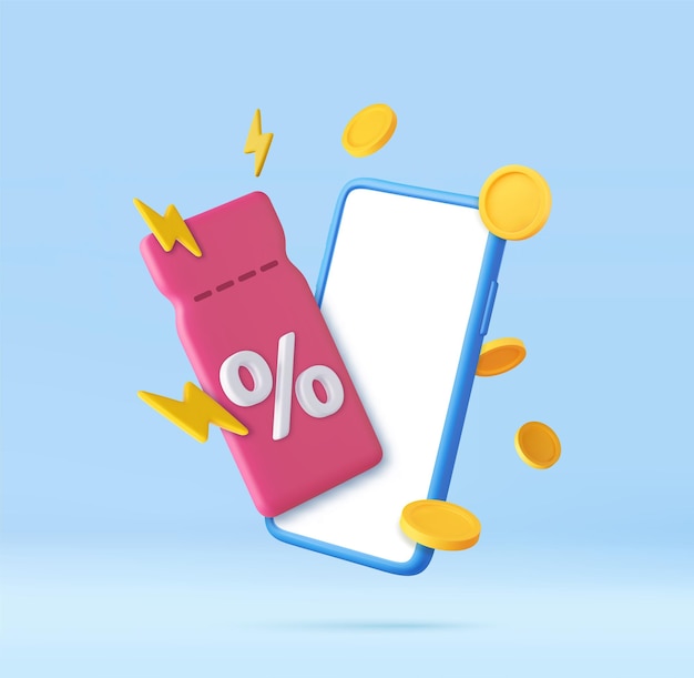 Téléphone 3D avec coupon avec flash et pièces d'or volent Pour les grandes ventes et les achats en ligne rentables Offres spéciales de prix premium coupon de vente achat en ligne rendu 3D illustration vectorielle