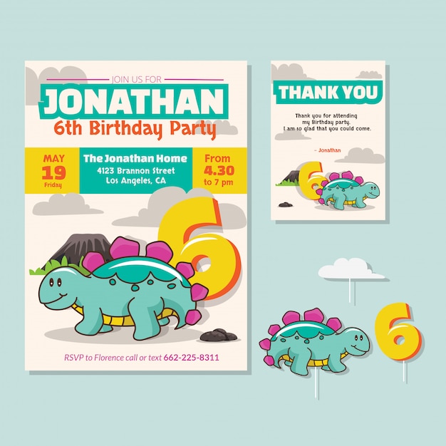 Thème de dinosaure mignon 6ème carte d&#39;invitation de fête d&#39;anniversaire