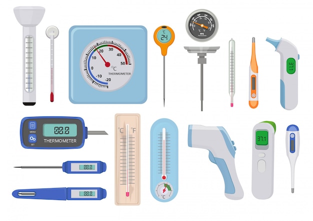 Thermomètres. L'hôpital médical mesure la température haute et basse divers indicateurs mesurent les compteurs