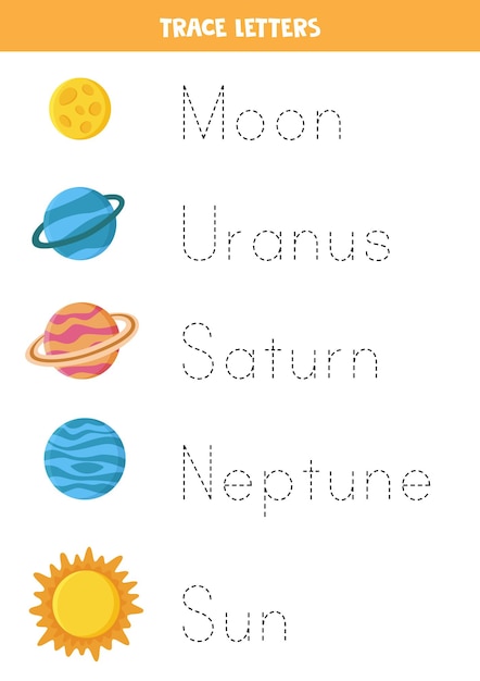 Tracez les noms des planètes du système solaire et du Soleil. Pratique de l'écriture manuscrite pour les enfants d'âge préscolaire.