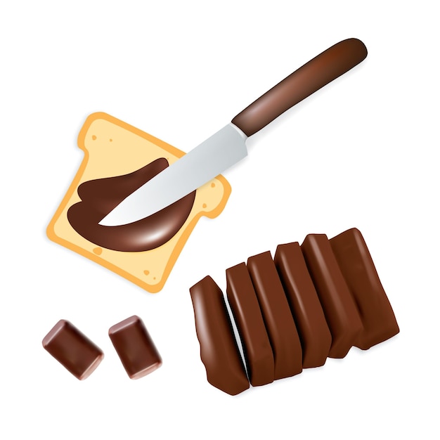 Tranches de beurre au chocolat isolé sur fond blanc. Illustration vectorielle réaliste d'un sandwich au beurre brun sucré