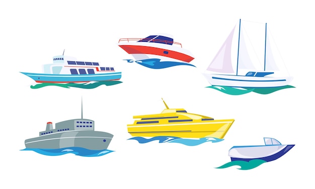 Vecteur transport par eau ensemble yacht bateau à moteur bateau à vapeur bateau de pêche navire vecteur illustration isolé sur fond blanc