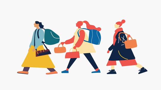 Vecteur trois femmes qui marchent portant des sacs à main, des sac à dos, des vêtements élégants, un décor décontracté, divers.