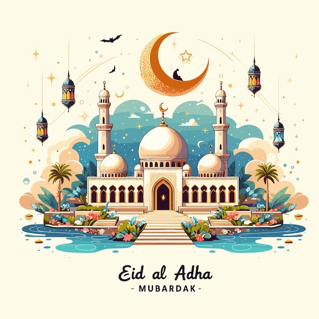 Vector gratuit fond de salutation de la mosquée du festival d'Eid Mubarak