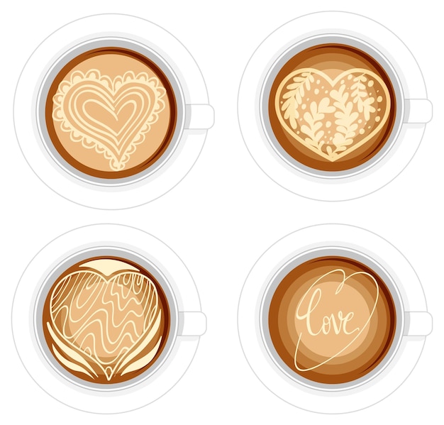 Vecteur vue de dessus des tasses d'art latte isolés sur fond blanc