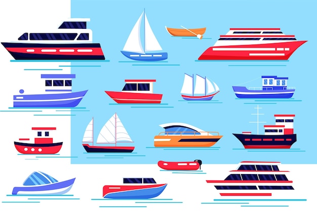 Vecteur yacht bateau vélocité navire de croisière bateau à moteur ensemble de transport nautique pêche à bord d'un speedboat motorboat et trawler dans les vagues de l'océan voyage en voilier vector dessin animé illustration récente