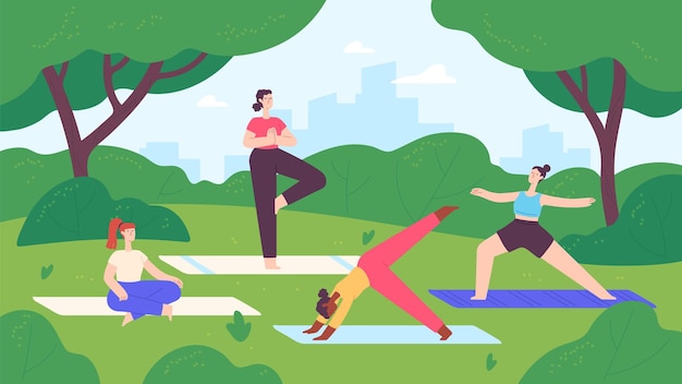 Yoga dans le parc de la ville. Un groupe de femmes fait de l'exercice et de la méditation dans un paysage naturel. Leçon de remise en forme en plein air, concept de vecteur de mode de vie sain. Séance d'entraînement de yoga de parc d'illustration, extérieur de forme physique