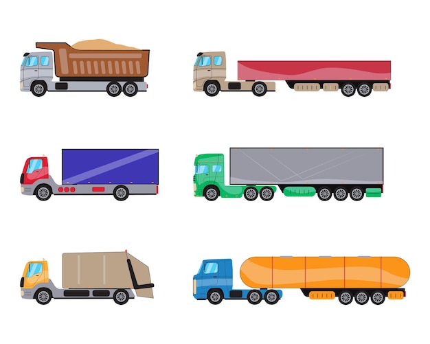 Kostenloser Vektor anhänger lkw-seitenansicht-set kommerzielle lkw-lkw mit container-muldenkipper müllwagen