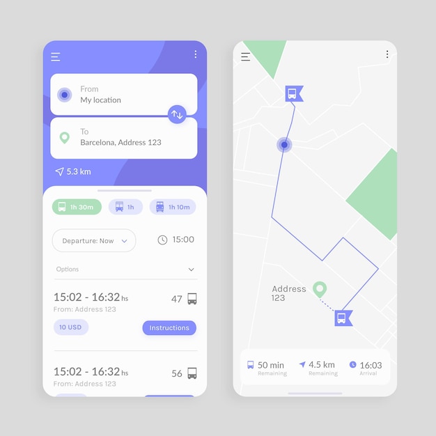 Kostenlose Vektor app-oberfläche für öffentliche verkehrsmittel