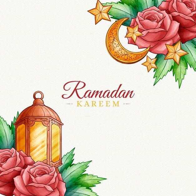 Aquarell glücklicher Ramadan und Rosen und Kerze