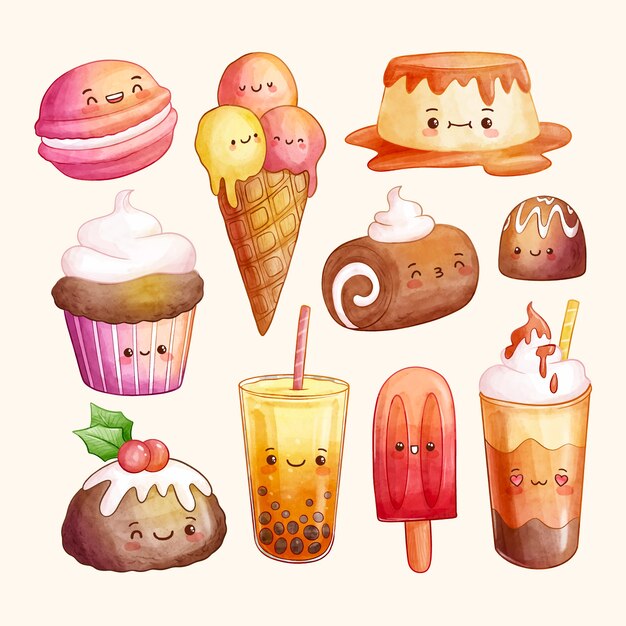 Aquarell kawaii Dessertset