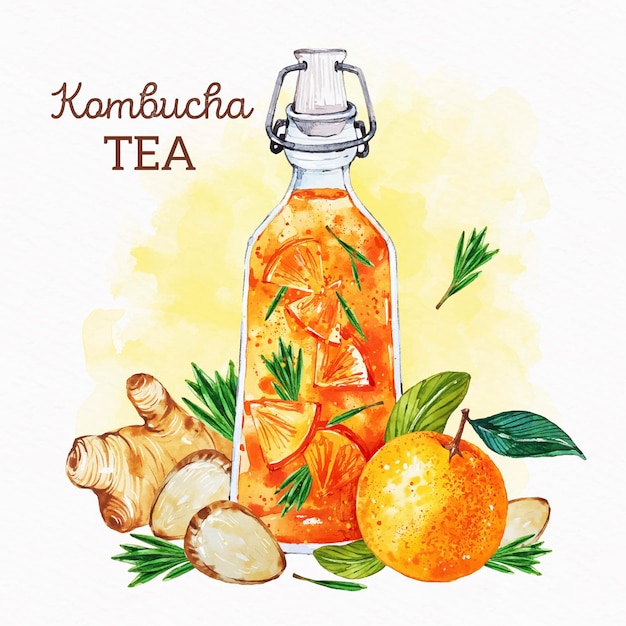 Aquarell kombucha Teeillustration mit Ingwer