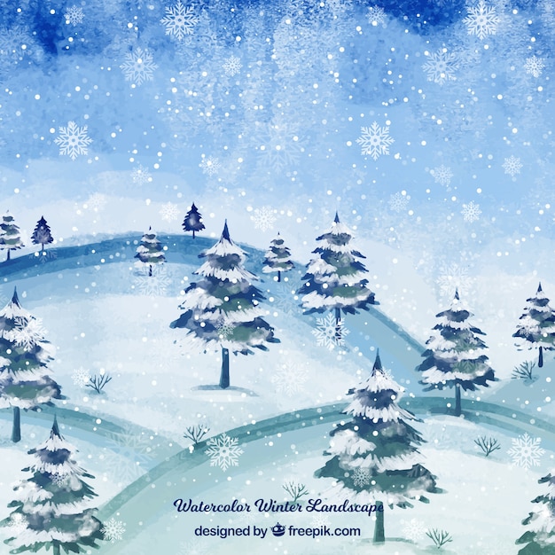 Kostenloser Vektor aquarell winterlandschaft mit bäumen