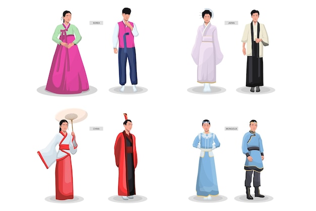 Kostenlose Vektor asiatische trachten gesetzt. alte weibliche kimonos, männliche kleidung, japanisches, chinesisches, vietnamesisches, koreanisches nationales outfit