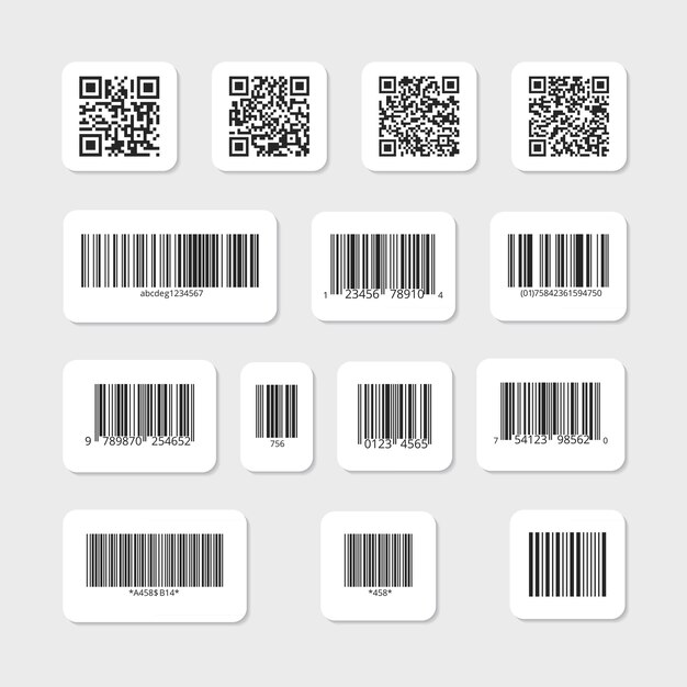 Bar- und QR-Codes auf weißen Aufklebern. Etiketteninformationsdaten, Identifikationsstreifen