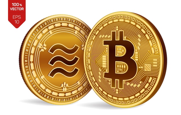 Bitcoin und Libra 3D isometrische Physische Münzen Digitale Währung Kryptowährung Goldene Münzen mit Bitcoin- und Libra-Symbol isoliert auf weißem Hintergrund Vektorillustration