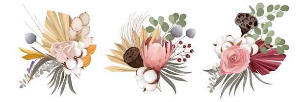 Kostenloser Vektor boho getrocknete blumensträuße mit einer komposition aus drei isolierten sträußen mit wildblumen und hausmaisillustration