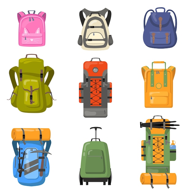 Kostenlose Vektor bunte rucksäcke gesetzt. taschen für schule, camping, trekking, bergsteigen, wandern. flache vektorillustrationen für touristische ausrüstung, rucksack, gepäckkonzept