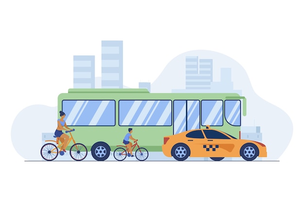 Kostenlose Vektor bus, taxi und radfahrer fahren auf stadtstraße. transport, fahrrad, auto flache vektor-illustration. verkehr und urbaner lebensstil