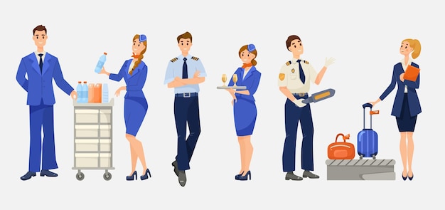 Kostenlose Vektor cartoon-illustrationsset für flugzeug- oder flugpersonal. stewardess, steward, pilot, männliche und weibliche flugbegleiterin in uniform, passagier, der durch die flughafensicherheit geht. luftfahrt, flugzeugbesatzungskonzept