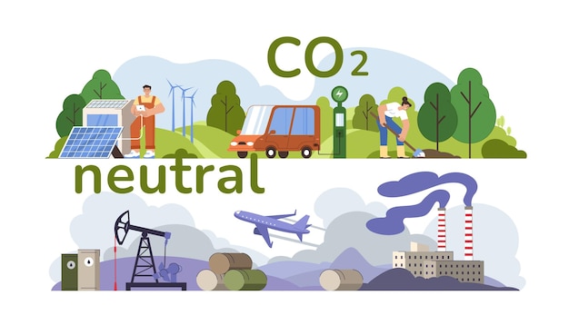 Kostenlose Vektor co2-neutrales ökobilanz-konzept menschen tragen dazu bei, co2-neutralität zu sparen und die luftverschmutzung durch fabriken und industrie zu kompensieren. charaktere schützen die atmosphäre vor smog und reduzieren emissionen in die umwelt