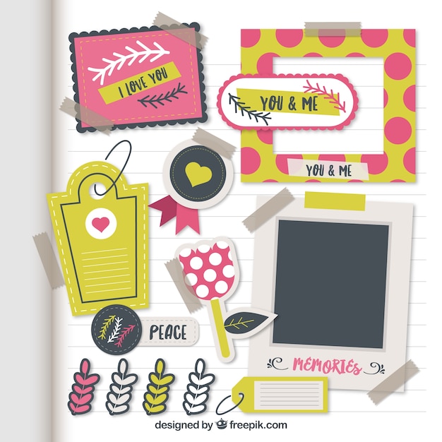 Kostenloser Vektor colecction von scrapbooking elemente in flaches design