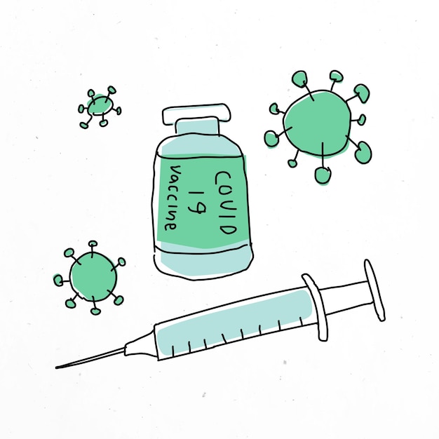 Kostenlose Vektor covid 19-impfstoff-vektor-doodle-illustrationsfläschchen mit nadel-doodle für klinische studien