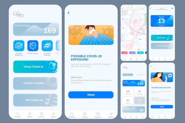 Kostenloser Vektor covid-19-tracking-anwendungsvorlage mobiler bildschirm