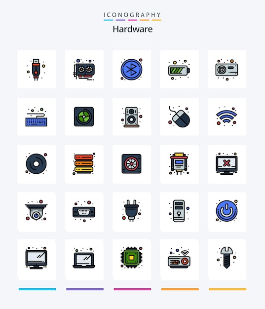 Kostenlose Vektor creative hardware 25 line filled icon pack wie z. b. kühlerlüfterkreis computer handy