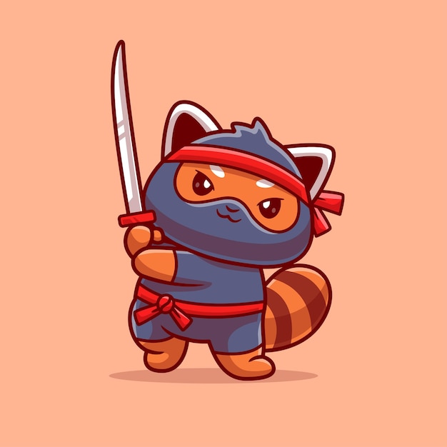 Kostenlose Vektor cute red panda ninja holding sword cartoon vector icon illustration tierferien isolierte wohnung