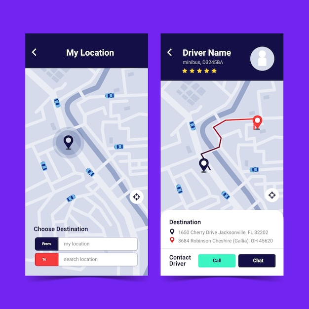 Kostenlose Vektor design der taxi-app-oberfläche