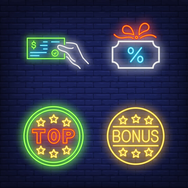 Kostenlose Vektor discount neon sign set. leuchtende geschenkkarte