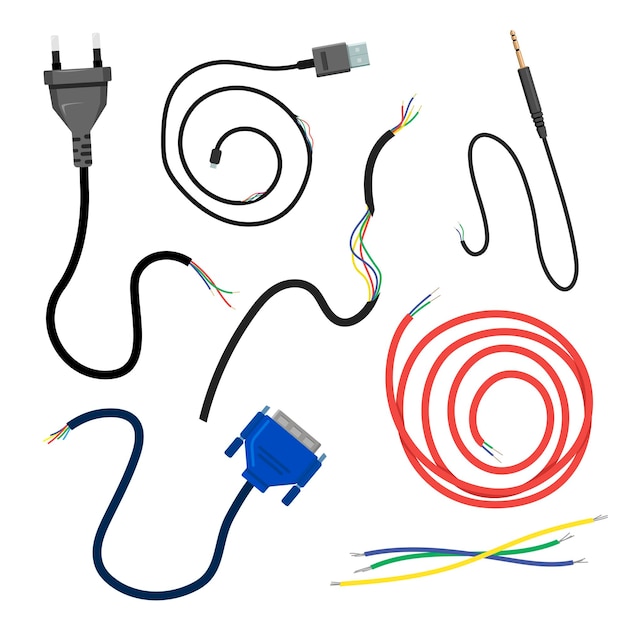 Kostenloser Vektor elektrischer kabelsatz defekt. vektorgrafiken von beschädigten kabeln für strom, verbindung. cartoon zerrissene drähte mit stecker, vga oder usb, schaltung isoliert auf weiss. unterbrechen und trennen, hardwarekonzept