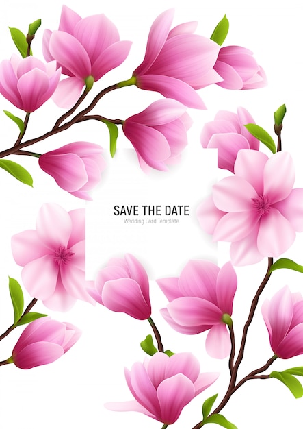 Farbiger realistischer Magnolienblumenrahmen mit Save the Date-Überschrift und zarten rosa Blumen