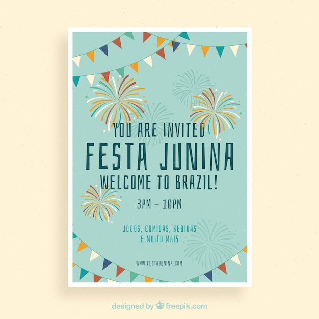 Kostenloser Vektor festa junina poster einladung mit bunten feuerwerk